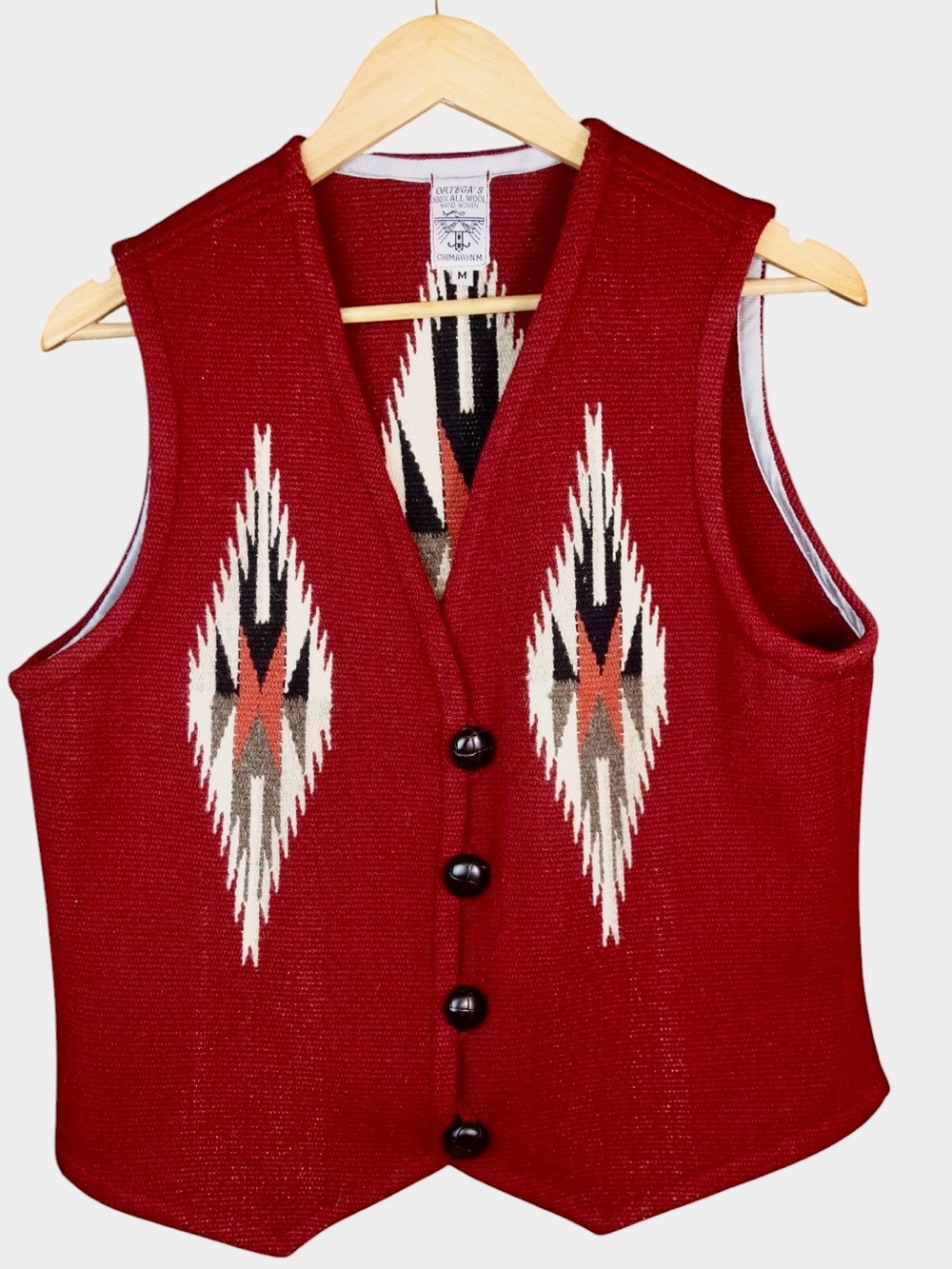 Vintage Men’s M Red Vest Woven  Ortega Family. Chimayo Handspun Wool